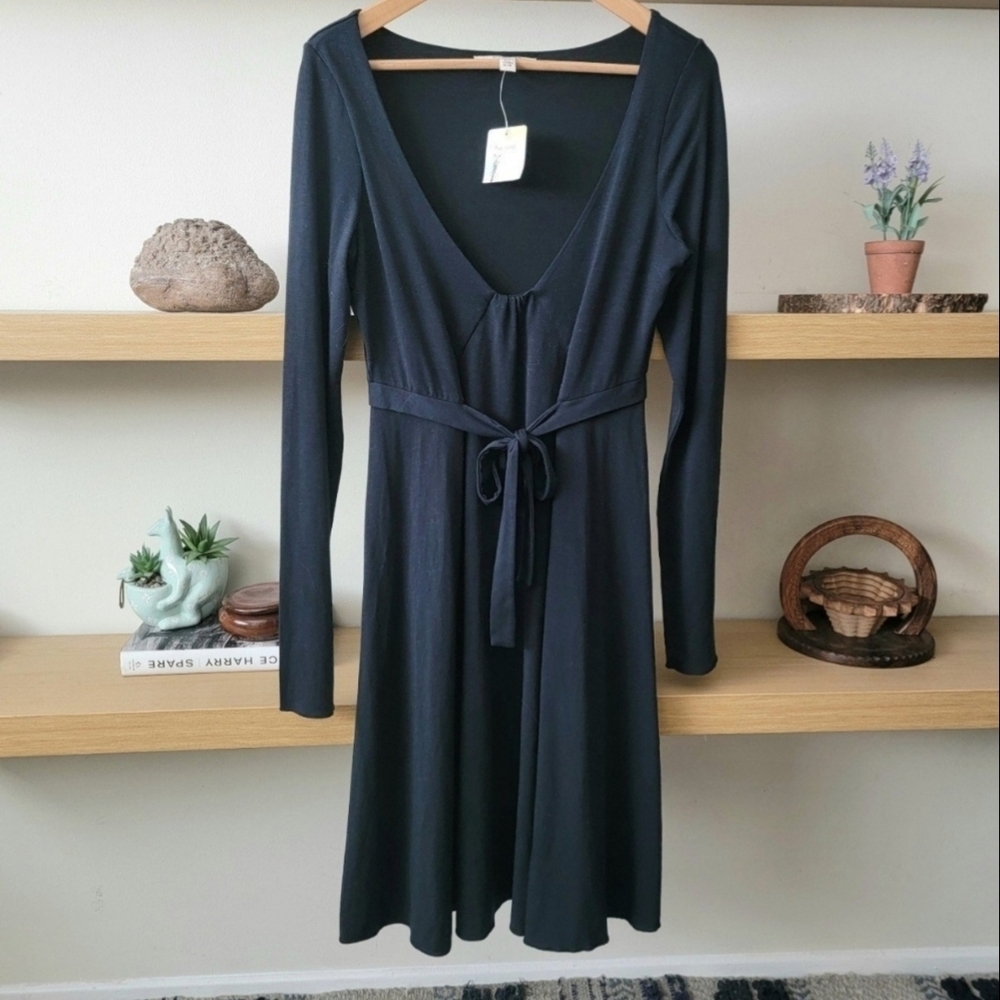 Free People Deep V-Neck Black Long Sleeve Dress